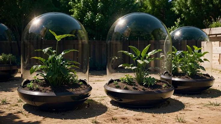 neo-futuristic vegetable garden, beds in glass capsules, steampunk style, neogarden, in 4k quality, with excellent color detail, shadows. Futuristic photo realism of the future