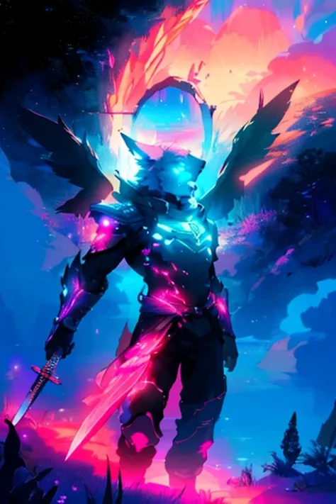 warrior with long wings, old men with wolf ears, (ultra-detailed), (perfect lighting), (dynamic angle), floating while landing, futuristic retro armor, long sword, fire pink neon glowing outline, starry sky, colorful clouds