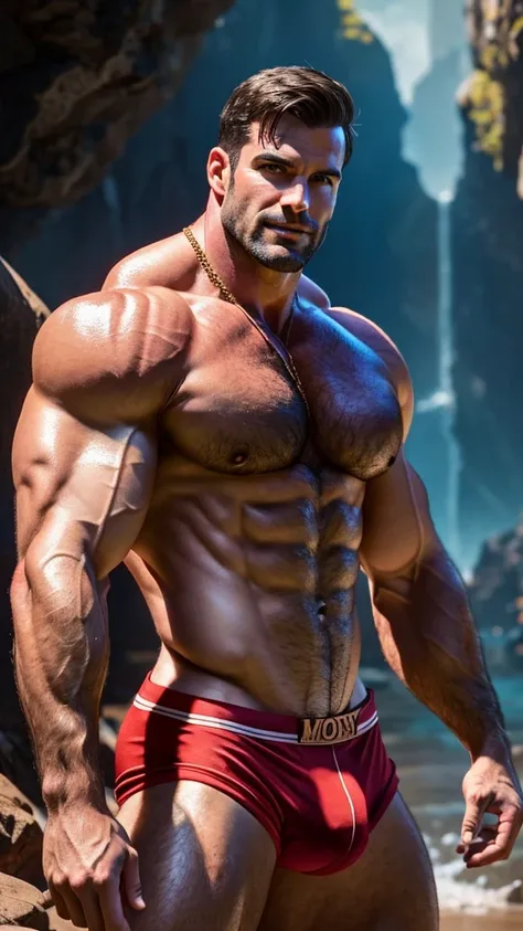 Gaston Beauty and the Beast, long hair, hairy body, underdressing, bare-chested, there is a large erect bulge in the beach underwear, muscular giant, 3 meters tall bodybuilder, flexing, massive biceps, oversized biceps are 240 inches, with long oversized a...