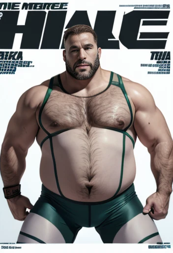 Only plump, chubby, extremely thick thighs, large belly, fat, age 50 years, muito barbudo, absurderes, hight resolution, 1male people, full body visible (wrestling Magazine covers:1.2), Yaoi(bara) , ), letras com textos escritos na lateral esquerda baixo. ...