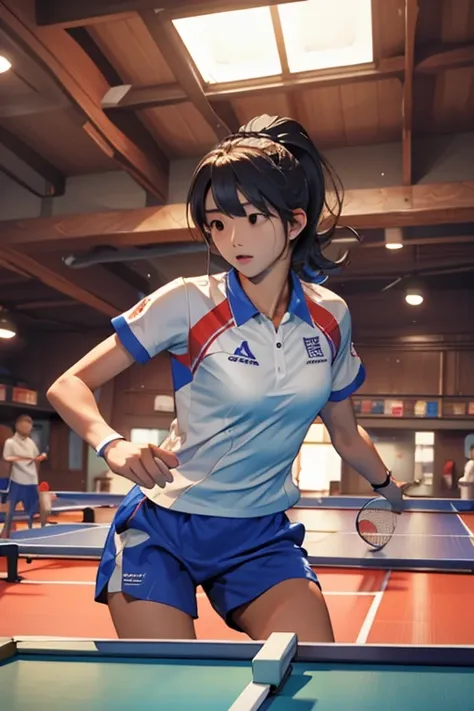 highest quality、masterpiece、high sensitivity、high resolution、one woman、slim body、table tennis player、racket