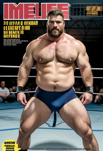 Only plump, chubby, extremely thick thighs, large belly, fat, age 50 years, muito barbudo, absurderes, hight resolution, 1male people, full body visible (wrestling Magazine covers:1.2), Yaoi(bara) , ), letras com textos escritos na lateral esquerda baixo. ...