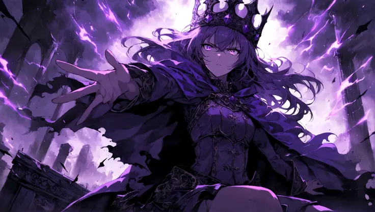 1girl, determined expression, outstretched hand, close-up, cinematic angle, foreshortening, dark, stormy background, dramatic lighting, cape flowing, crown, storm brewing in the sky, ruins in the distance, intense eyes, dynamic pose, purple colors, purple ...