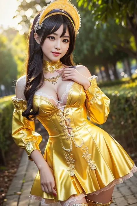 nsfw, sexy golden Thai princess, only 1 female, ((doll-like appearance)), short fuchsia stylish hair, ((shiny Victorian-Style boots)), (big smile), ultra detailed eyes, vivid golden eye makeup, lipgloss, long lashes, defined eyebrows, ((sexy golden Paradis...