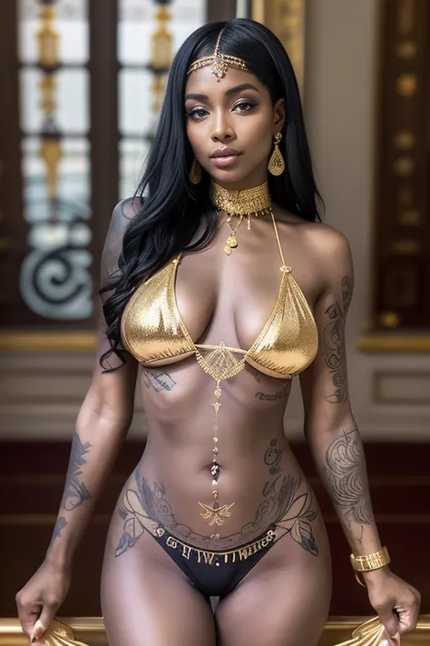 black woman tattooed all over her body with gold, covered breasts dressed and with panties((full body tattooed))cul face camera((dos face camera))or or or or or or de lor((dans un palais))