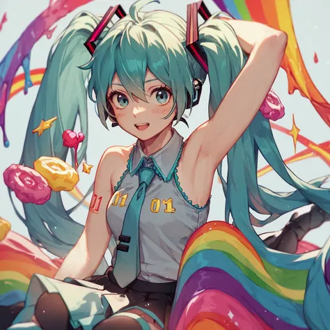 score_9, score_8_up, score_7_up, Hatsune Miku, rainbow clothes,