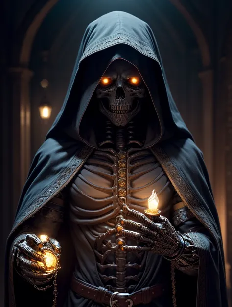 (best quality, 8K, ultrarealistic, high resolution, intricate details:1.4), (analog, soft lighting, HDR, depth of field:1.4), skeleton grim reaper claiming souls, horror, black cloak with raised gold symbols, 