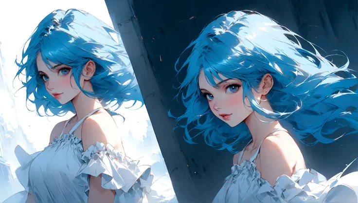 Anime girl with blue hair and white dress posing for the camera., arte de anime digital detallado, guweiz en artstation pixiv, guweiz en pixiv artstation, tendencia en artstation pixiv, estilo anime 4k, arte de anime detallado, Arte detallado de alta calid...