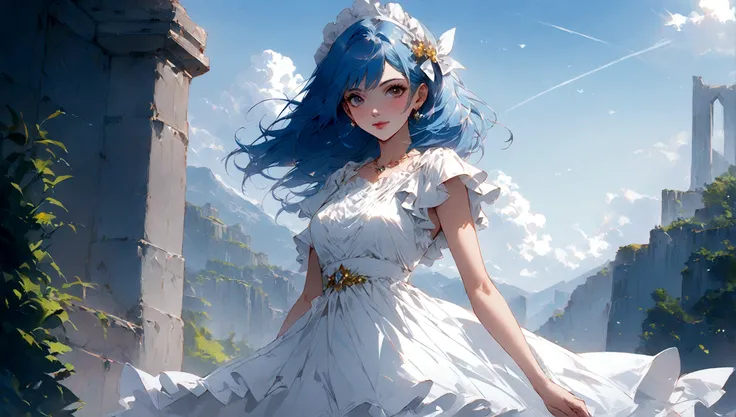 Anime girl with blue hair and white dress posing for the camera., arte de anime digital detallado, guweiz en artstation pixiv, guweiz en pixiv artstation, tendencia en artstation pixiv, estilo anime 4k, arte de anime detallado, Arte detallado de alta calid...