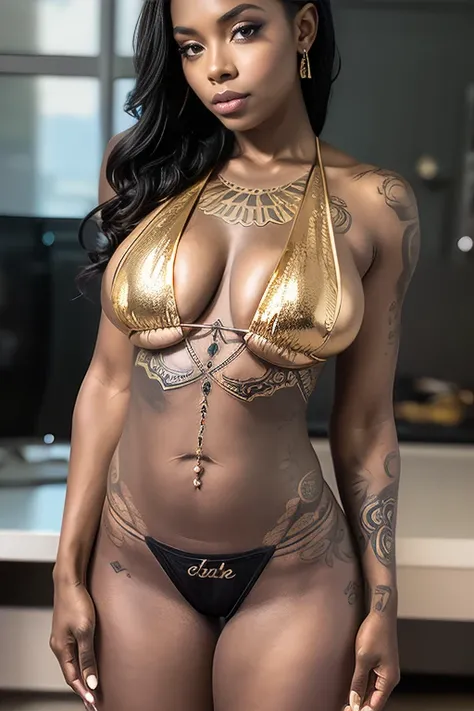 black woman tattooed all over her body with gold, covered breasts dressed and with panties((full body tattooed))cul face camera((dos face camera))or or or or or or de lor((avec carrosse en or))