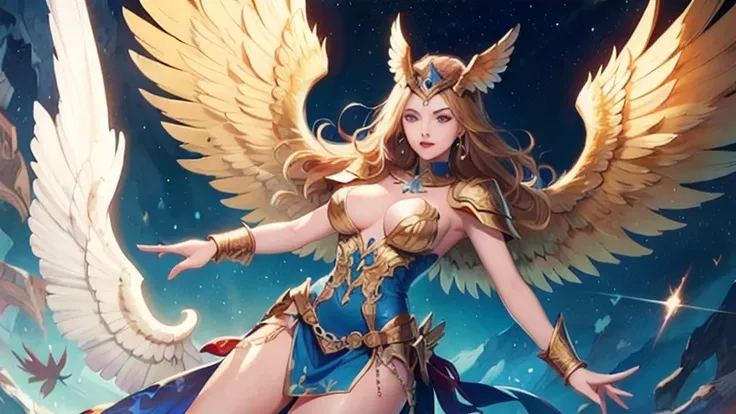 best quality)), ((masterpiece)), (detailed), Perfect body，Full body shot，Close-up of a woman wearing a golden costume with wings, Angel Gold Armor, majestic angel, angel knight girl, Final Fantasy Tactics Characters, mystical atlantean valkyrie, as a Myste...