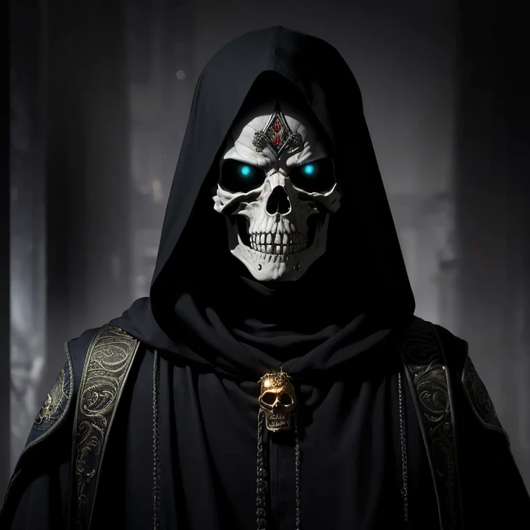 (best quality, 8K, ultrarealistic, high resolution, intricate details:1.4), (analog, soft lighting, HDR, depth of field:1.4), skeleton grim reaper claiming souls, horror, black cloak with raised gold symbols, 