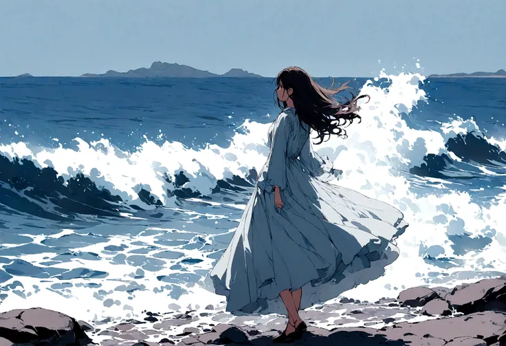 a girl stands on a rocky beach, watching a huge wave coming towards her