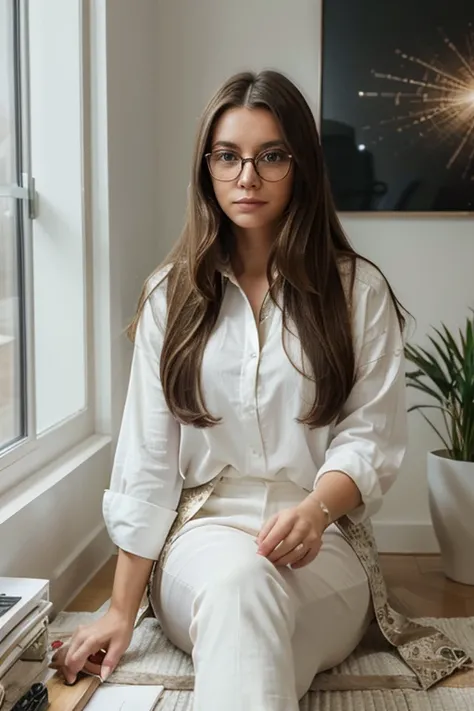 a brunette interior designer, with long hair and a dark blonde streak, with a white blouse and long pants with a beige geometric print. sitting in her home office, creating a project for a space in biophilic design on her computer., streaked hair, brown ha...