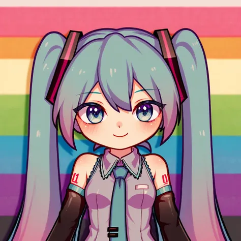 hatsune miku, rainbow background, half body, chibi, flat colors