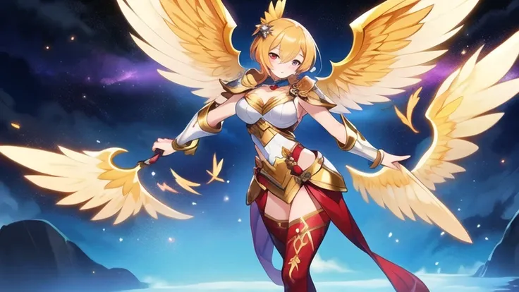 best quality)), ((masterpiece)), (detailed), Perfect body，Full body shot，Close-up of a woman wearing a golden costume with wings, Angel Gold Armor, majestic angel, angel knight girl, Final Fantasy Tactics Characters, mystical atlantean valkyrie, as a Myste...