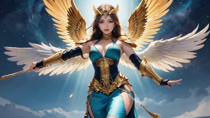 best quality)), ((masterpiece)), (detailed), Top quality、Top image quality、masterpiece，Perfect body， Exquisite and detailed facial features，，Full body shot，A woman in a golden costume with wings,Bikini， Angel Gold Armor, majestic angel, angel knight girl, ...