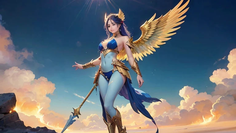 best quality)), ((masterpiece)), (detailed), Top quality、Top image quality、masterpiece，Perfect body， Exquisite and detailed facial features，，Full body shot，A woman in a golden costume with wings,Bikini， Angel Gold Armor, majestic angel, angel knight girl, ...