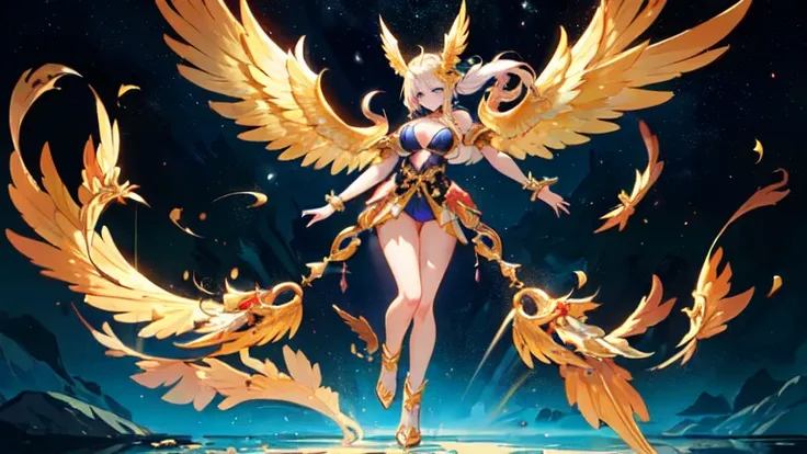 best quality)), ((masterpiece)), (detailed), Top quality、Top image quality、masterpiece，Perfect body， Perfect face，Exquisite facial features，Full body shot，A woman in a golden costume with wings,Bikini， Angel Gold Armor, majestic angel, angel knight girl, F...