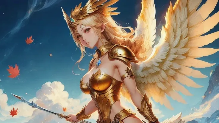 best quality)), ((masterpiece)), (detailed), Top quality、Top image quality、masterpiece，Perfect body， Exquisite and detailed facial features，，Full body shot，A woman in a golden costume with wings,Bikini， Angel Gold Armor, majestic angel, angel knight girl, ...