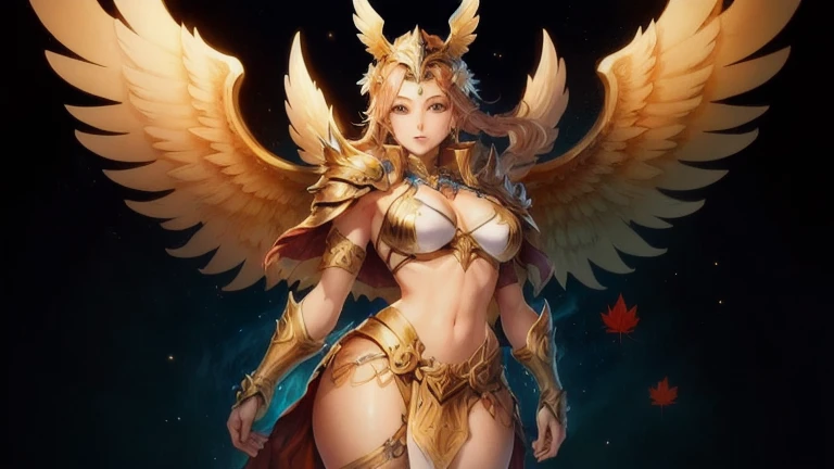 best quality)), ((masterpiece)), (detailed), Top quality、Top image quality、masterpiece，Perfect body， Exquisite and detailed facial features，，Full body shot，A woman in a golden costume with wings,Bikini， Angel Gold Armor, majestic angel, angel knight girl, ...