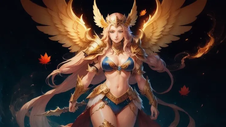 best quality)), ((masterpiece)), (detailed), Top quality、Top image quality、masterpiece，Perfect body， Exquisite and detailed facial features，，Full body shot，A woman in a golden costume with wings,Bikini， Angel Gold Armor, majestic angel, angel knight girl, ...