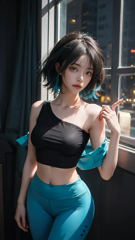 23 year old girl, beautiful, short shoulder length hair, black and cyan hair color, almond eyes, no makeup, cyan crop top, thin ...