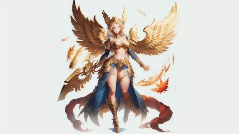 best quality)), ((masterpiece)), (detailed), Top quality、Top image quality、masterpiece，Perfect body， Exquisite and detailed facial features，，Full body shot，A woman in a golden costume with wings,Bikini， Angel Gold Armor, majestic angel, angel knight girl, ...