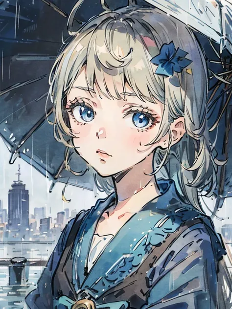 Close-up of the face of a girl in a sailor suit in the rainy city、hortensia