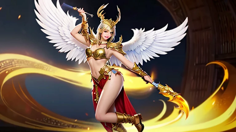 best quality)), ((masterpiece)), (detailed), Top quality、Top image quality、masterpiece，Perfect body， Exquisite and detailed facial features，，Full body shot，A woman in a golden costume with wings,Bikini， Angel Gold Armor, majestic angel, angel knight girl, ...