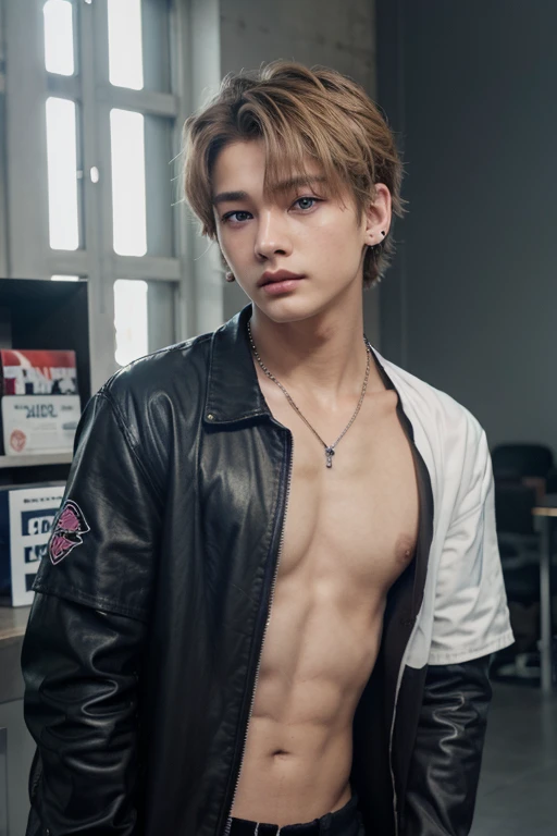 Hwang Hyunjin idol of Straykids Group with short blonde hair and gray-blue eyes, naturally purple lips and pale skin, piercing en la ceja, labio y un tatuaje en el cuello, es hombre.