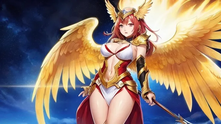 best quality)), ((masterpiece)), (detailed), Top quality、Top image quality、masterpiece，Perfect body， Exquisite and detailed facial features，，Full body shot，A woman in a golden costume with wings,Bikini， Angel Gold Armor, majestic angel, angel knight girl, ...