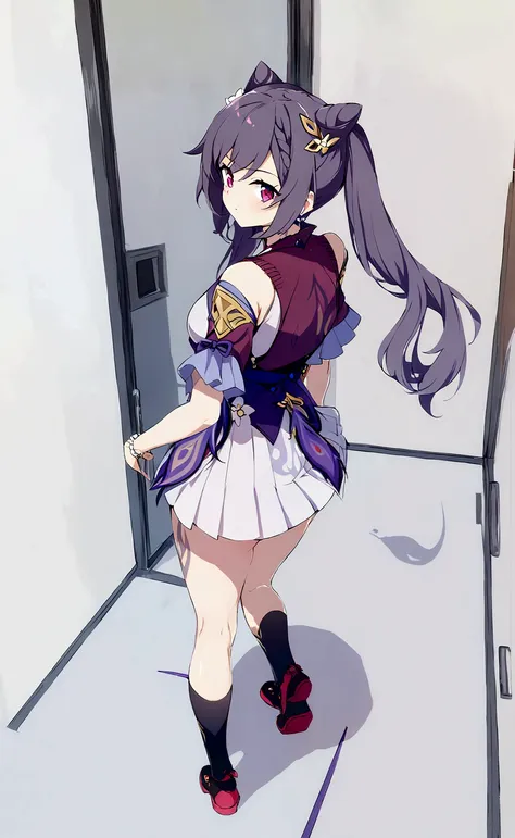 purple hair, hair ornament, twintails, cat ears hairstylem keqing, keqing, look back, view from back