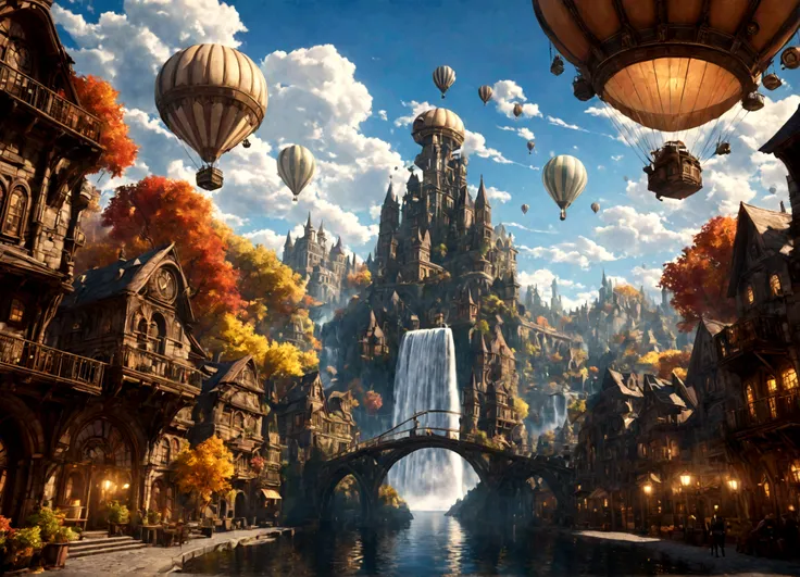 a beautiful steampunk clockwork city, small airships, floating islands, waterfalls, autumn themed forest, pleasant day, highly detailed, 8k, photorealistic, cinematic lighting, vibrant colors, intricate machinery, gears, brass, copper, renaissance architec...