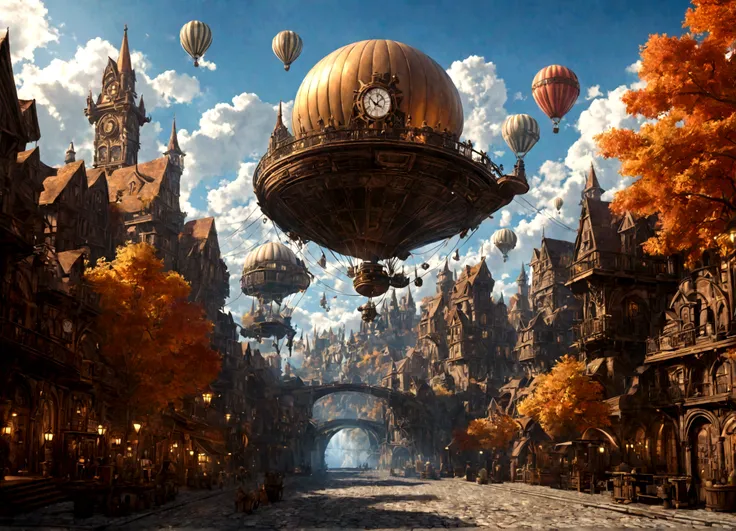 a beautiful steampunk clockwork city, small airships, floating islands, waterfalls, autumn themed forest, pleasant day, highly detailed, 8k, photorealistic, cinematic lighting, vibrant colors, intricate machinery, gears, brass, copper, renaissance architec...