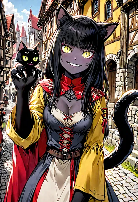 female, sfw, long hair, black hair, straight bangs, black cat ears, black cat tail, furry arms, animal hands, claws, black fur, medieval, cleavage, villager clothes, town, yellow eyes, slit pupils, mischievous smile, normal human skin, 