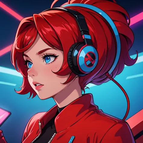 Red hair, blue eyes, synthwave, using a headphone, synthwave style
