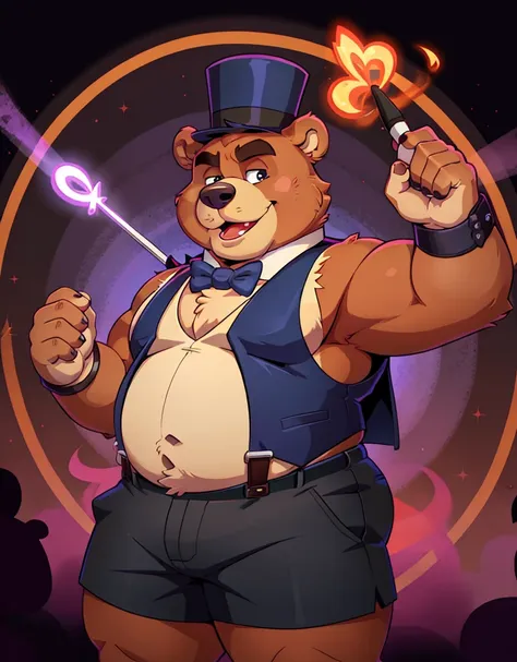 a red chubby male anthropomorphic bear wearing,a vest, short shorts, suspenders, top hat, bowtie and cuffs, holding a magical wa...