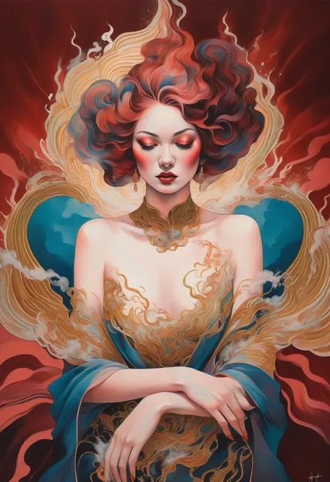 chiaroscuro technique on sensual illustration of an devilish woman portrait of a woman covered in cloud of smoke, whirlwind, coral highlight colors, coral make-up, hints of pastel, misty, seductive, sultry, breathtaking, oil painting style, artistic, aesth...