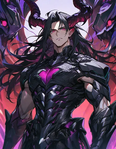 One, handsome, 1 man, with a sporty body, V-shaped body, black detailed armor with glowing purple details, black demonic horns, long hair, black hair, purple with red tones of reptile eyes, purple threads, black light