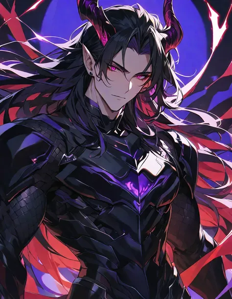 one, handsome, 1 man, with a sporty body, v-shaped body, black detailed armor with glowing purple details, black demonic horns, ...