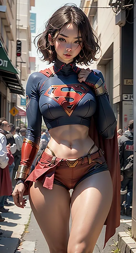 Beautiful woman short hair defined body big breasts, big thighs wearing a Supergirl cosplay