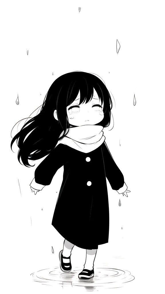 best quality, chibi, 1 girl,Long black hair,(full body), Pure white background,Vivid,clearly,sad face,rain,Walking,snow,Are crying,shout,I have a letter