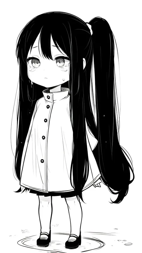 best quality, chibi, 1 girl,Long black hair,(full body), Pure white background,Vivid,clearly,sad face,rain,Walking,snow,Are crying,shout,I have a letter