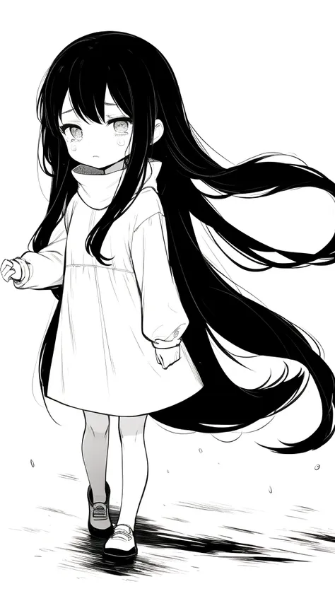 best quality, chibi, 1 girl,long black hair,(full body), pure white background,vivid,clearly,sad face,rain,walking,snow,are cryi...