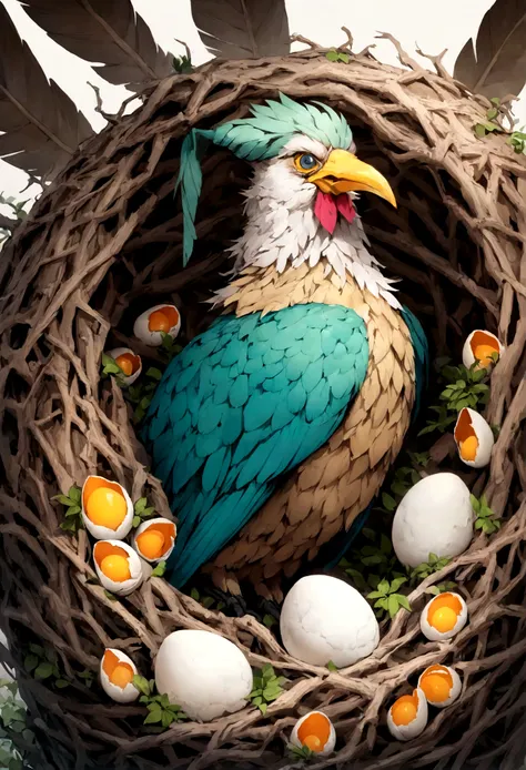 Muscular bird father with bird mom in the nest with eggs