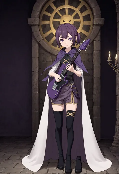 boy with a dark purple electric guitar with gold edging. dark purple hair braided into a ponytail on the left side. sinuous blac...