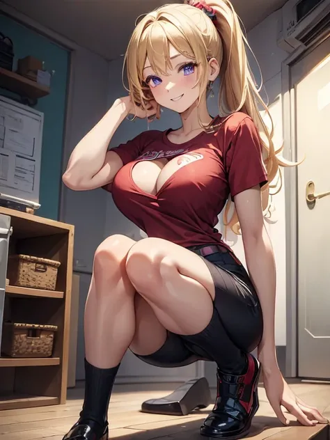 (masterpiece, best quality:1.4), 8k, full body, blonde ponytail Hair, Messy Hair, Young adult, anime girl, Smiling, Happy, light purple Eyes, Big chest, red shirt, black tight short pants, (detailed eyes and face, sharp pupils, realistic pupils:0.6), ass, ...