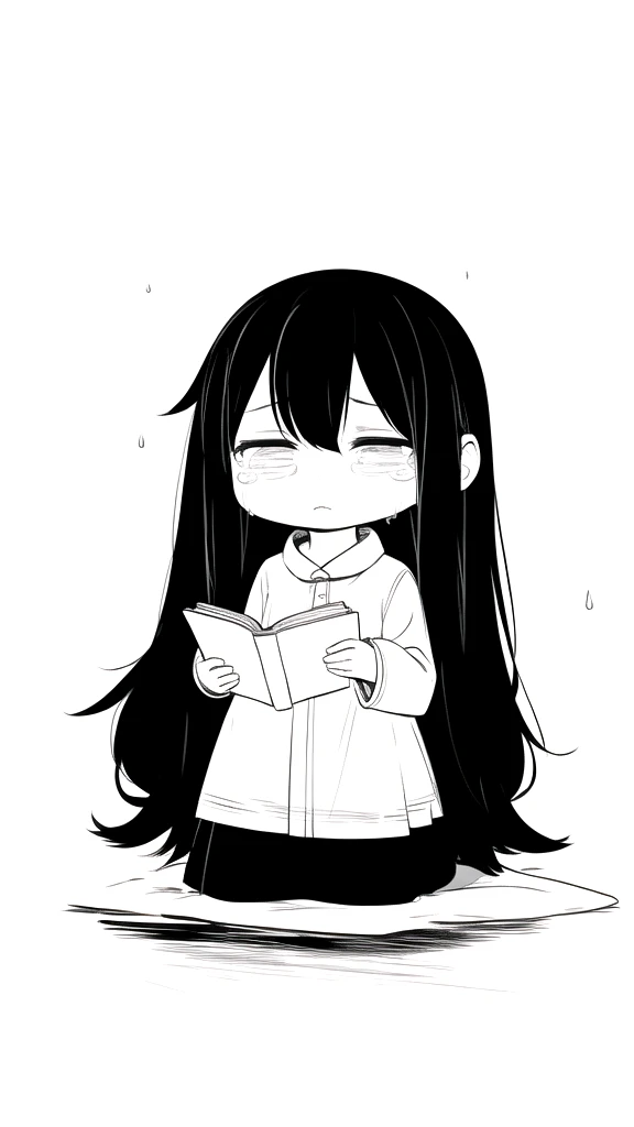 best quality, chibi, 1 girl,Long black hair,(full body), Pure white background,Vivid,clearly,sad face,rain,snow,Are crying,shout,I have a letter,holding a book in hand,Sit down