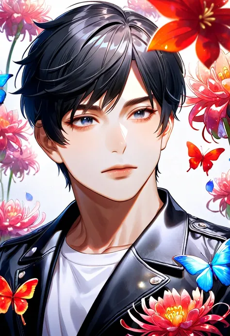 (absurdres, highres, ultra detailed, HDR) master piece, best quality, Han Yoojin, black hair, expressive gray eyes, The S-Classes That I Raised, solo, man, handsome, black leather jacket, white shirt, magical fantasy, red butterflies, glittering, sparkling...